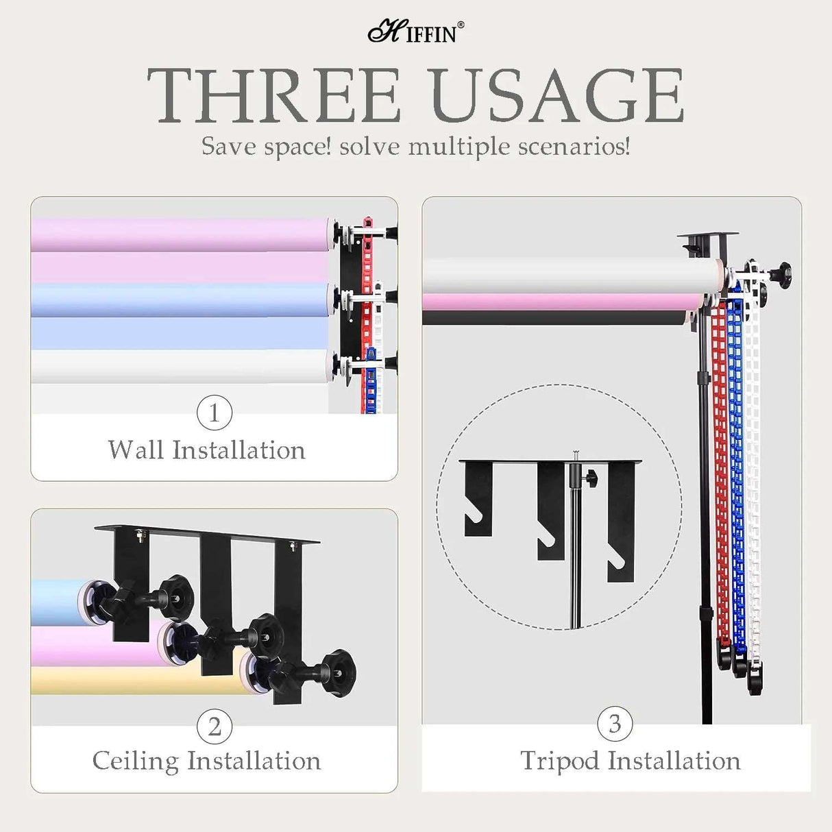 HIFFIN Photography 3 Roller Backdrop Stand & Wall Mount, Manual Background Roller Support System