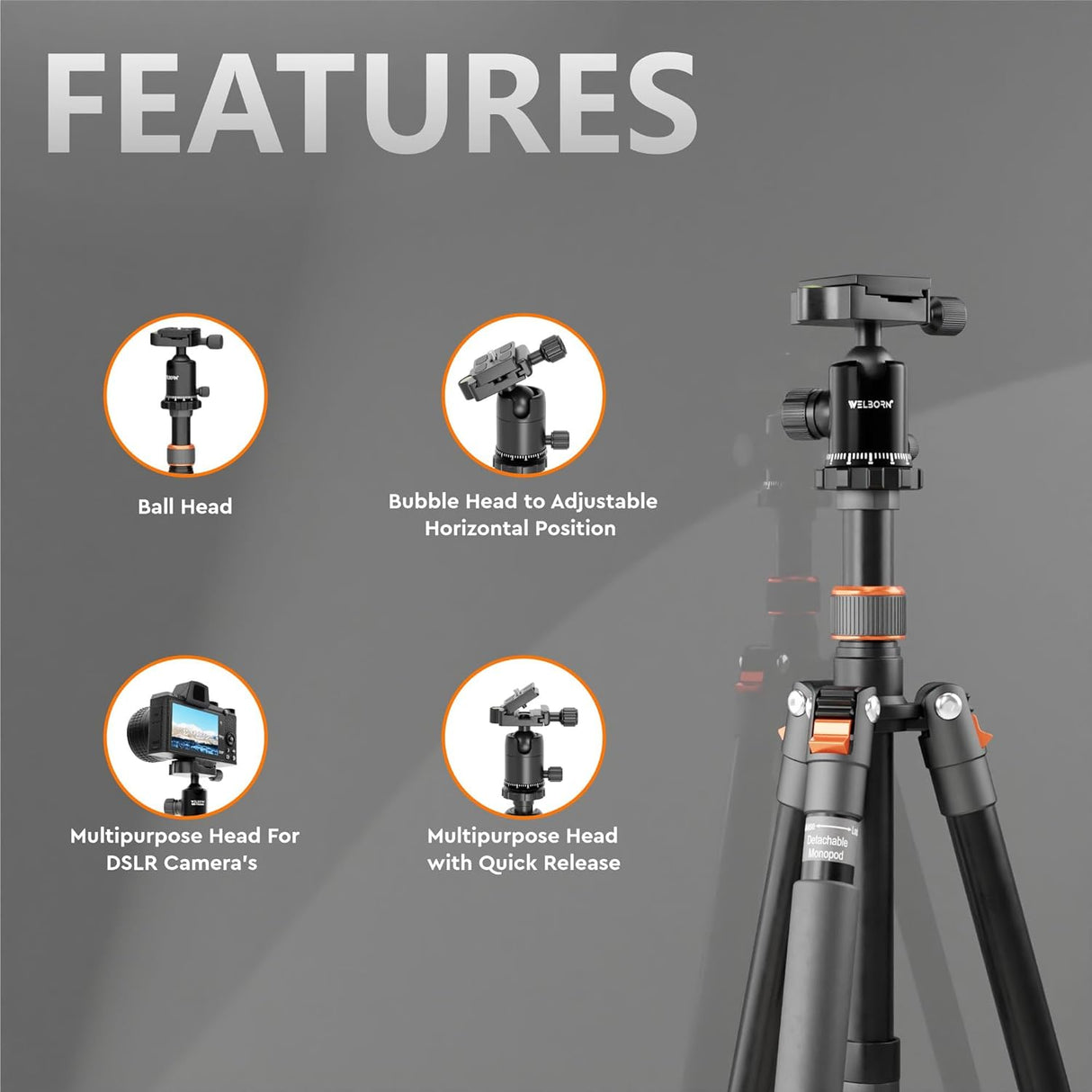 WELBORN Professional Aluminum Tripod Cum Monopod- TR-525BH