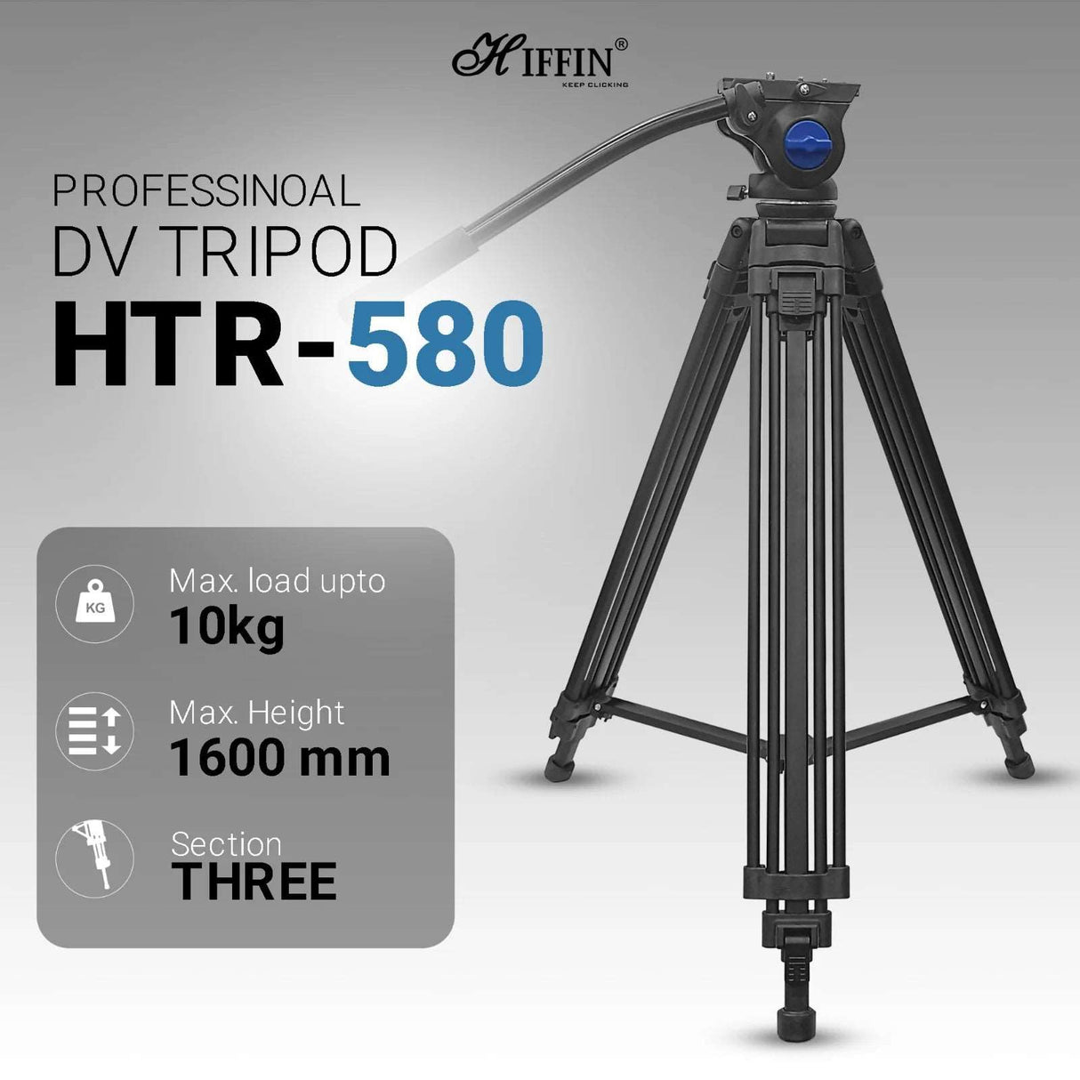 HIFFIN HTR-580 (160 Cm) Professional Heavy-Duty Tripod, with Adjustable Fluid Pan Head